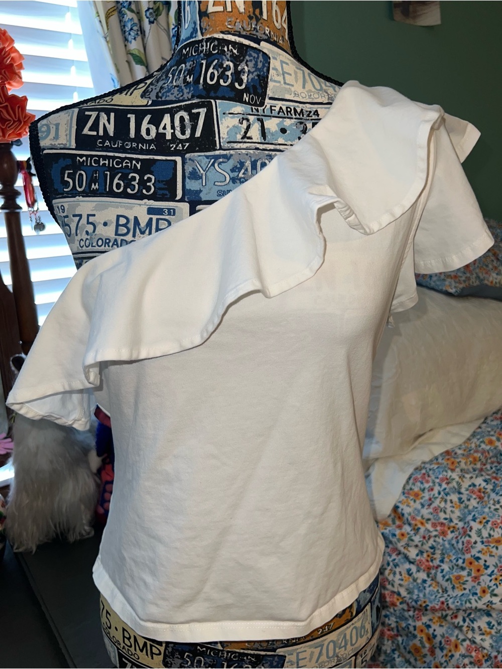 Anthropologie White One-Shoulder Ruffle Crop Top